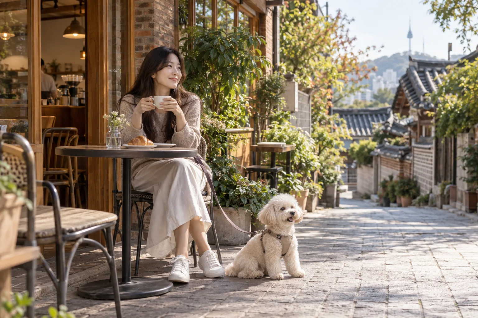 반려견과 쉬어 가는 서울 골목 카페 분위기의 AI 생성 이미지